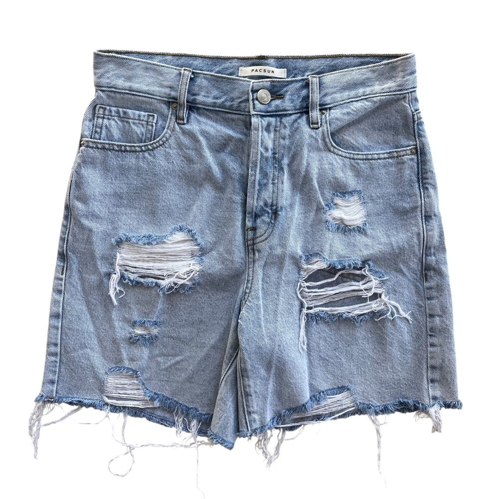 Pacsun Women 27 Light Wash Denim Distressed Button Fly High Rise Boy Short Jean